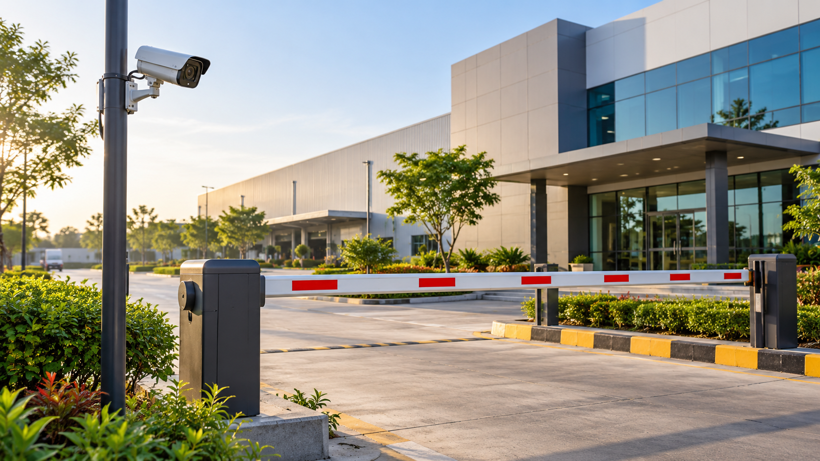 CCTV camera and boom barrier at an entrance