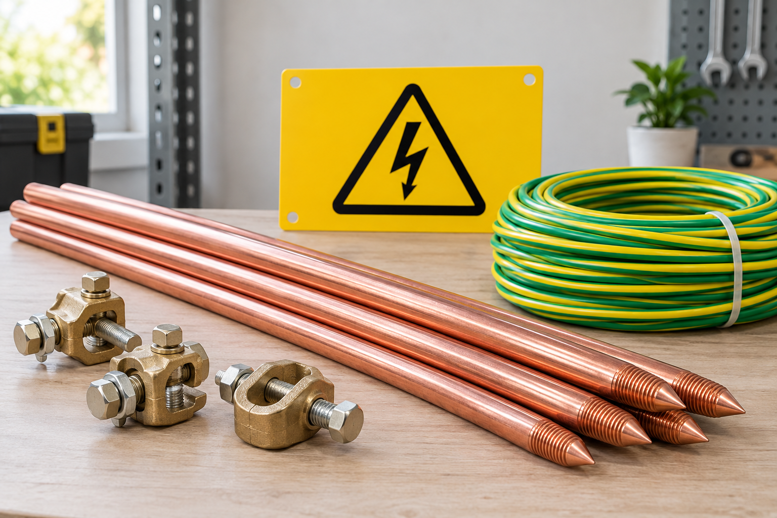 Copper earth rods, grounding wire and electric fence warning sign