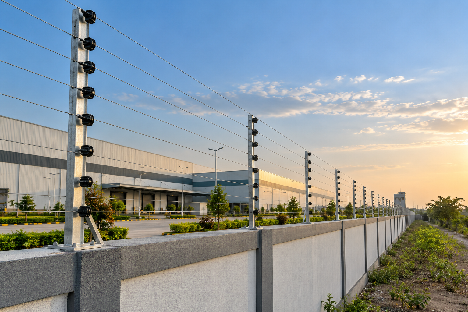 Electric security fence protecting an industrial boundary